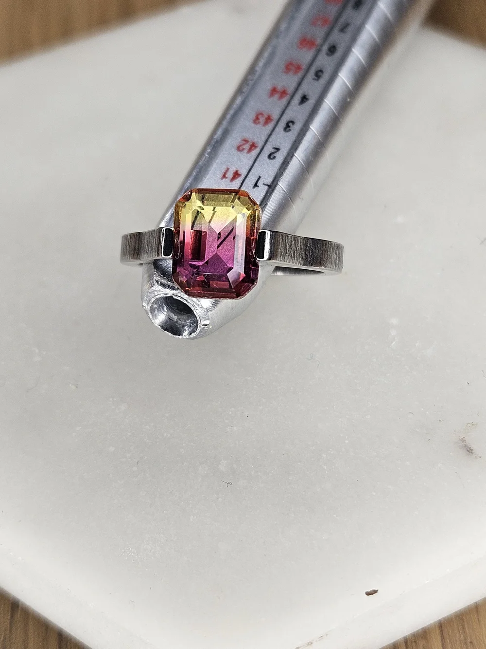 Modernist Stainless Steel Bi-Color Pink Yellow Emerald Cut Ring Size 8.5 Silver